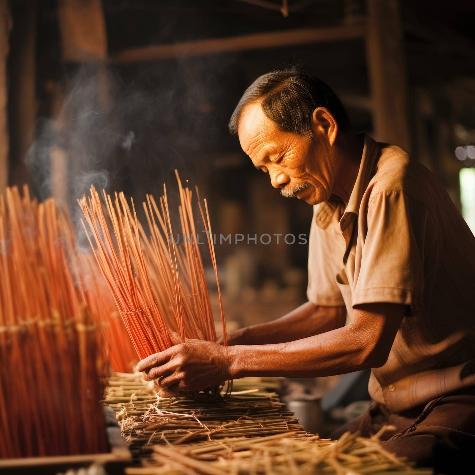 Traditional artisanal work. male worker in incense sticks. AI Generated