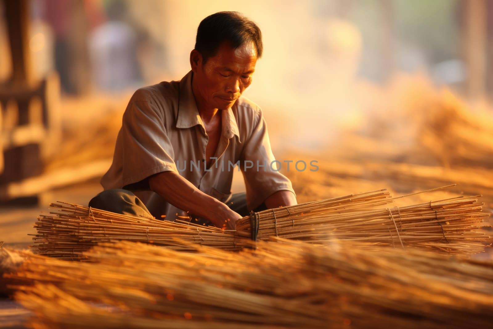 Traditional artisanal work. male worker in incense sticks. AI Generated