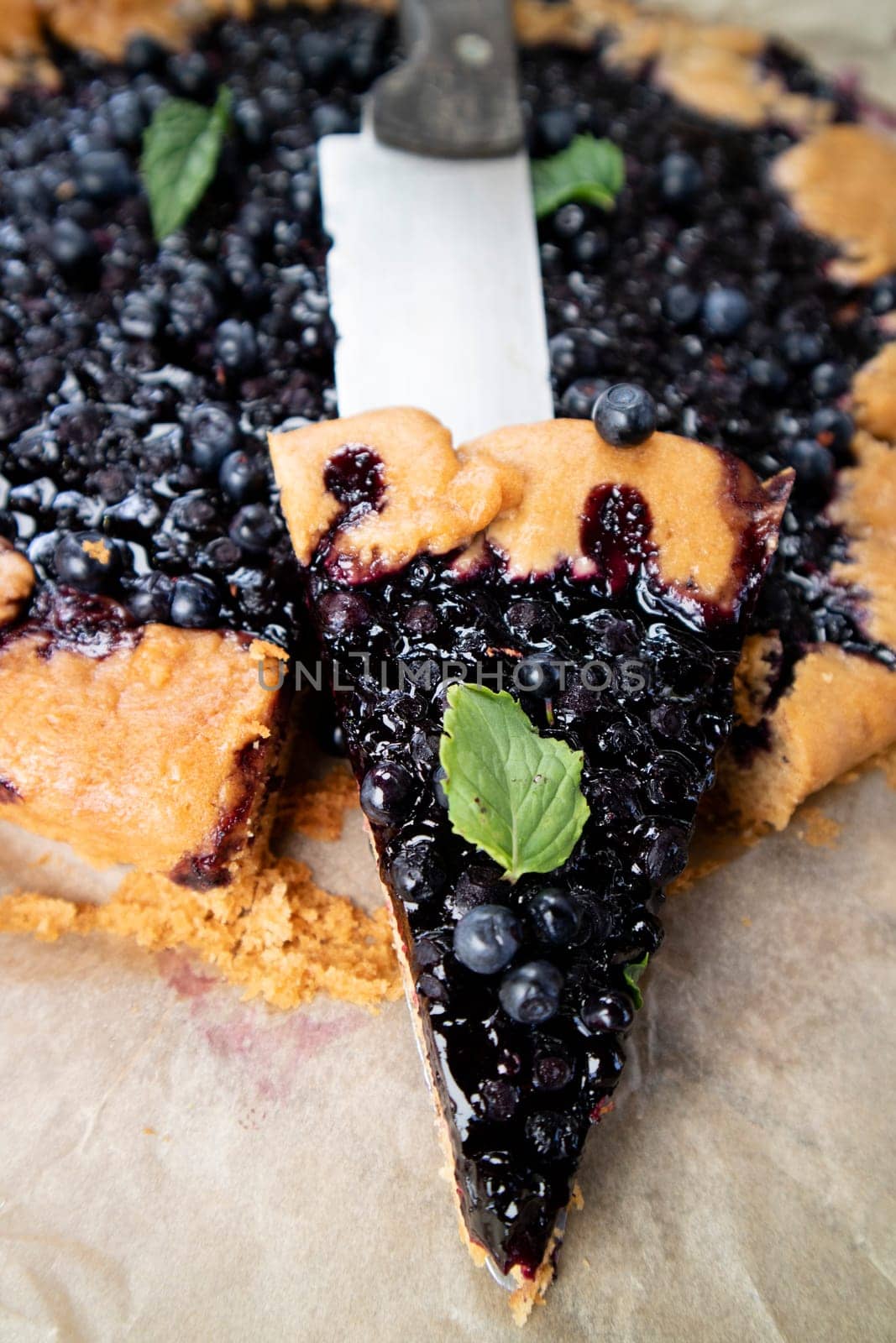 Photographic documentation of a rustic cake made with wild blueberries 