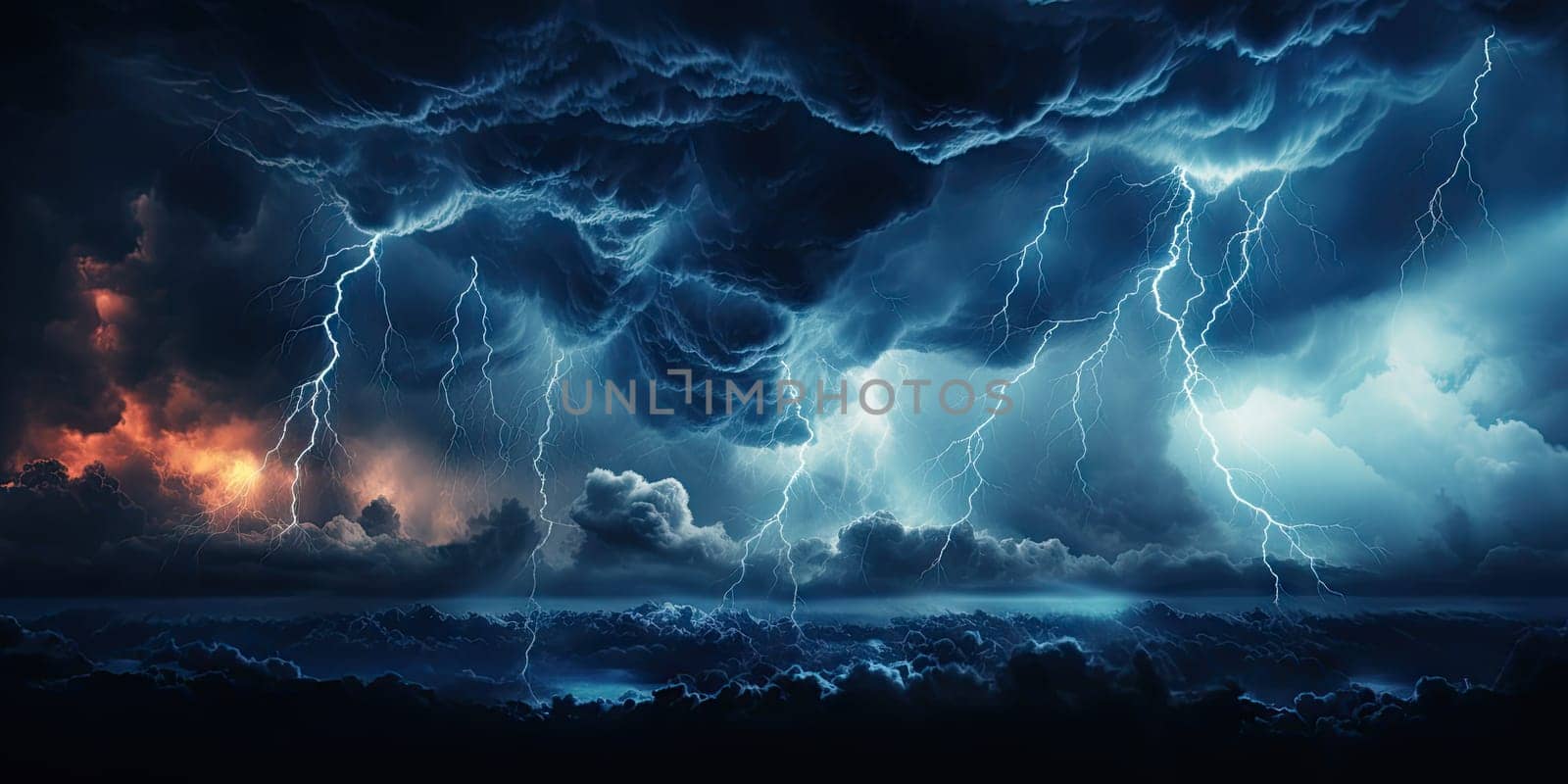 Bright lightning that lit up the dark night sky during an electrical storm. Thunderstorm concept by Generative AI by wichayada
