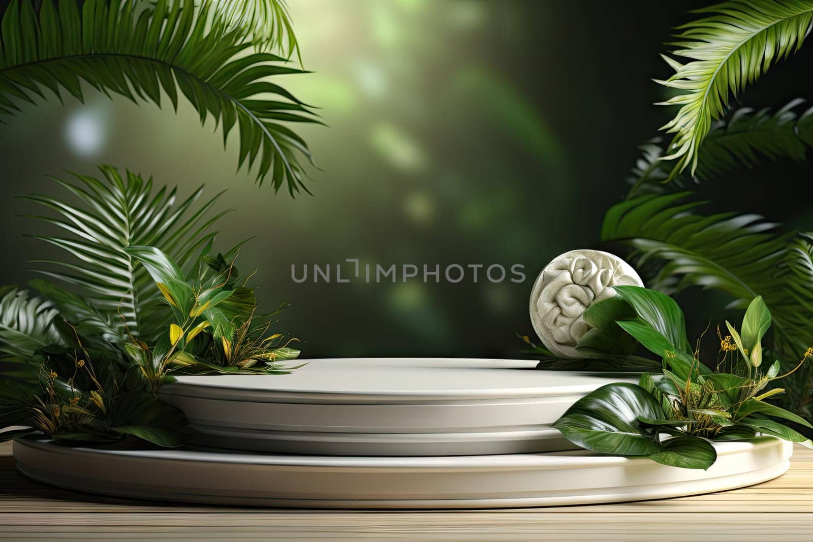 3D render of white background with tropical leaves and podiums, 8k by Generative AI by wichayada