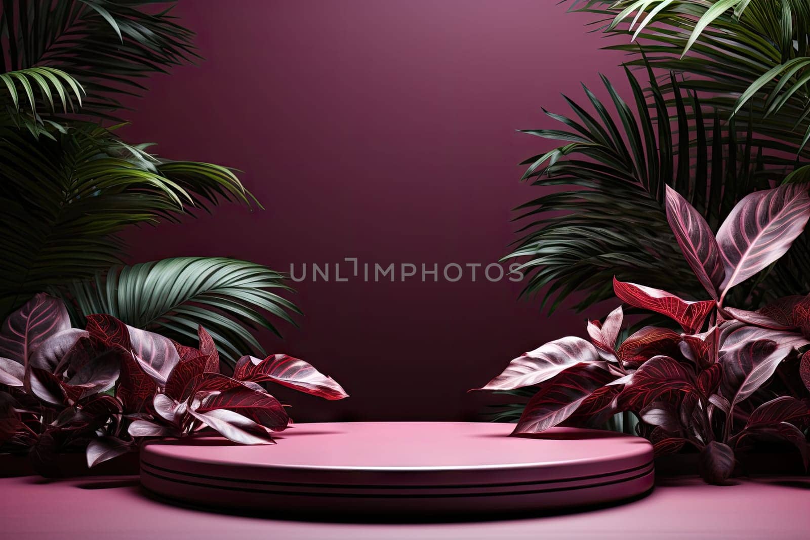 3D render of purple background with tropical leaves and podiums, 8k.