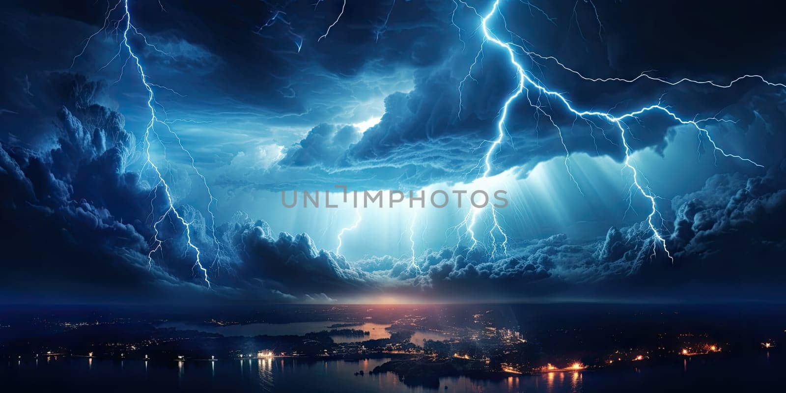 Bright lightning that lit up the dark night sky during an electrical storm. Thunderstorm concept by Generative AI.