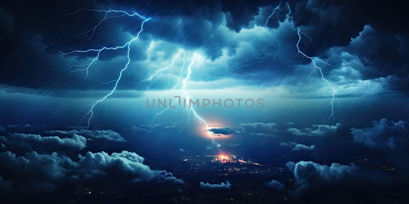 Bright lightning that lit up the dark night sky during an electrical storm. Thunderstorm concept by Generative AI by wichayada