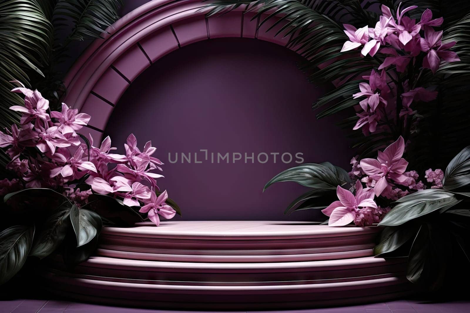 3D render of purple background with tropical leaves and podiums, 8k by Generative AI by wichayada