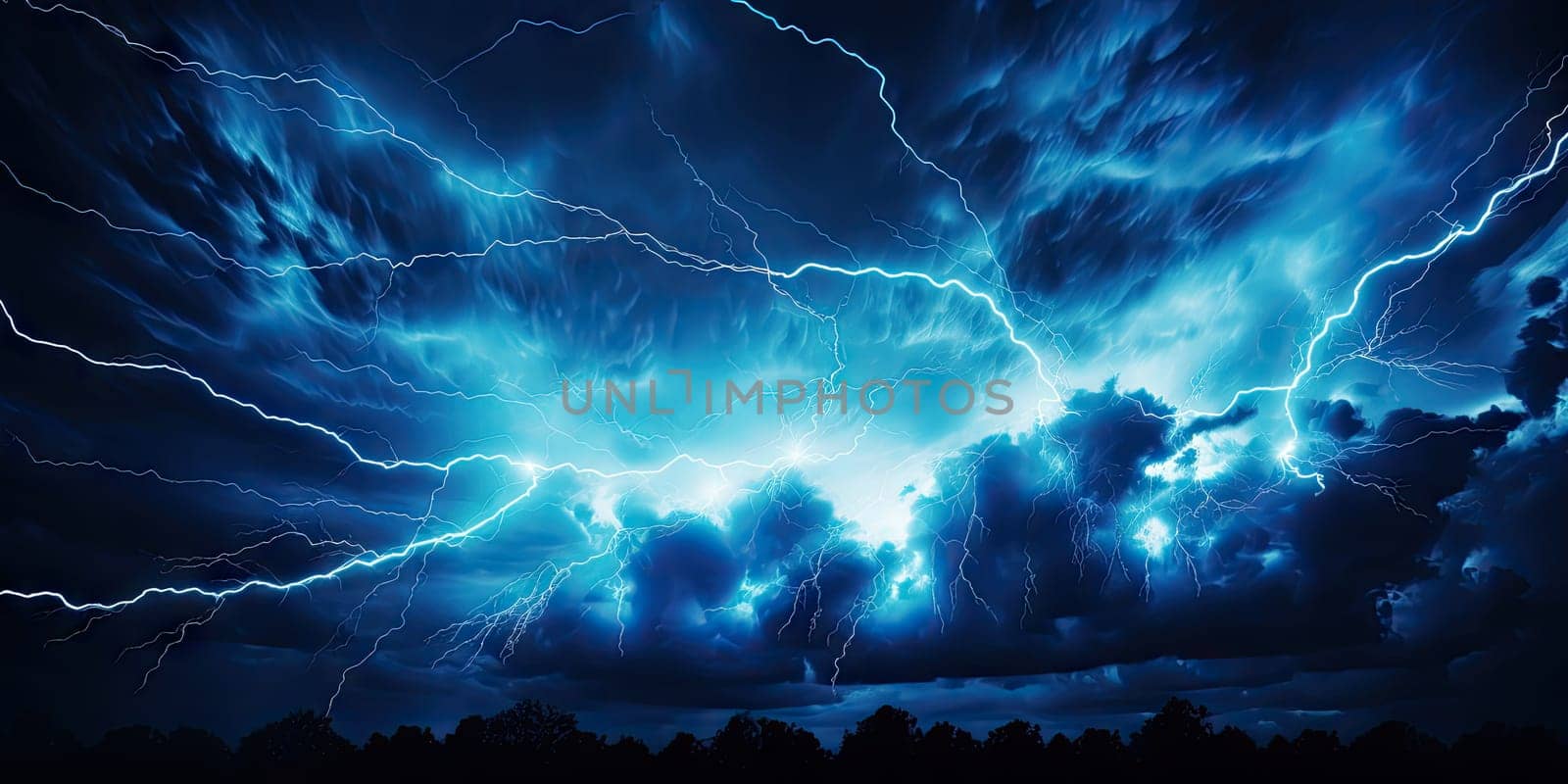 Bright lightning that lit up the dark night sky during an electrical storm. Thunderstorm concept by Generative AI by wichayada