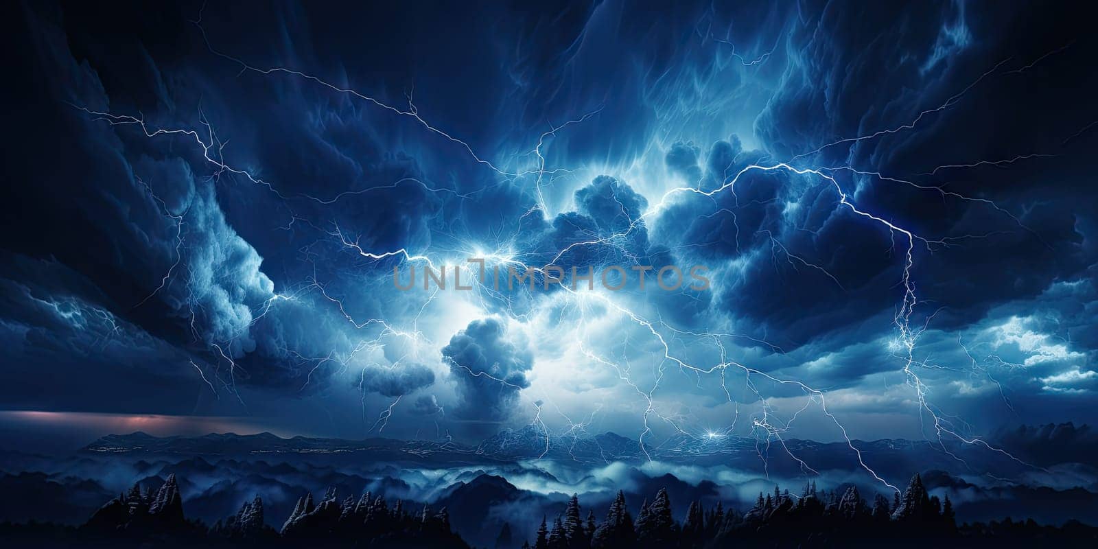 Bright lightning that lit up the dark night sky during an electrical storm. Thunderstorm concept by Generative AI by wichayada