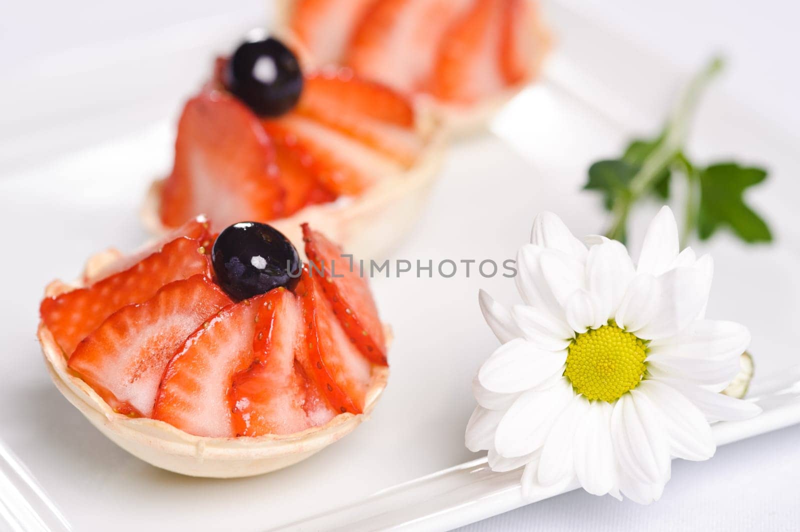 Piece of cake on plate with berries and fruits and camomile