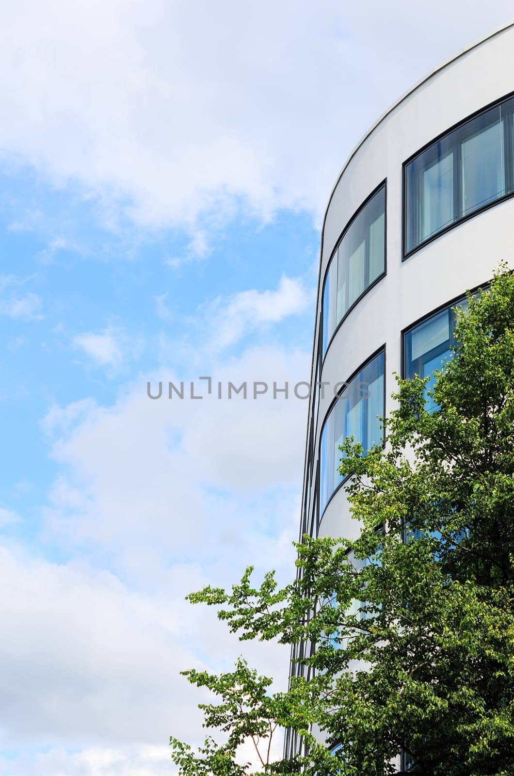 Modern office building mirrored windows and tree against blue sky as background with copy-space free place for text