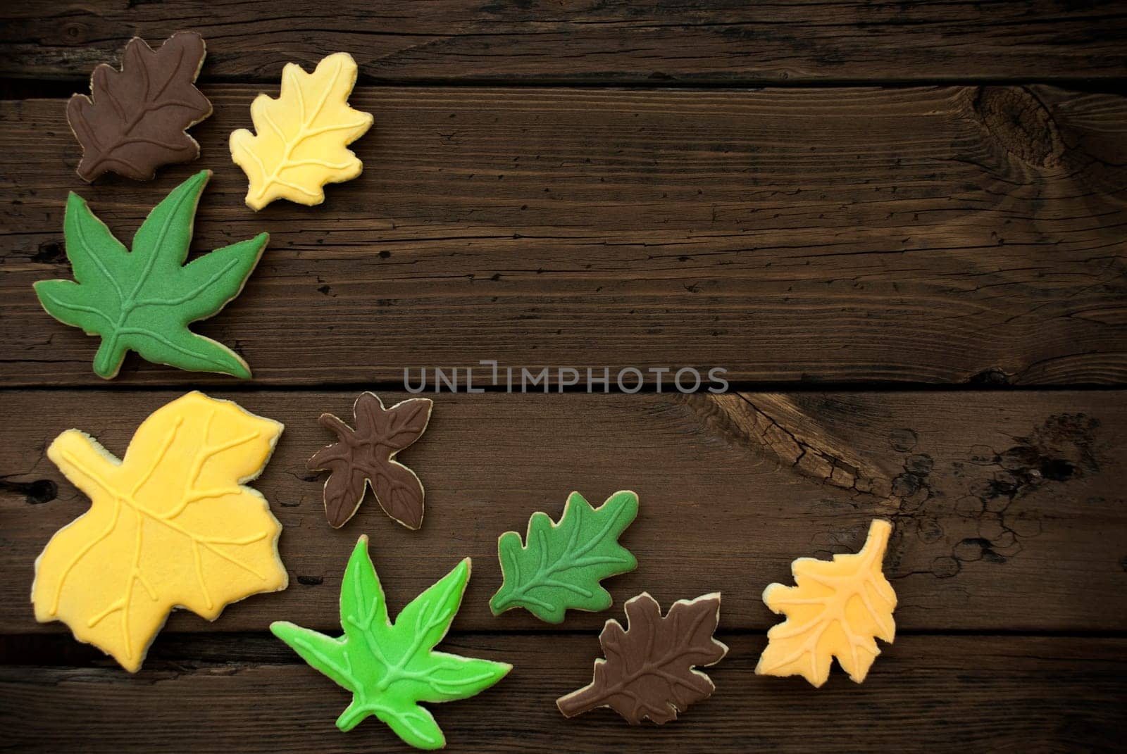 Aome Colorful Autumn Cookies on a Wooden Background with Free Space