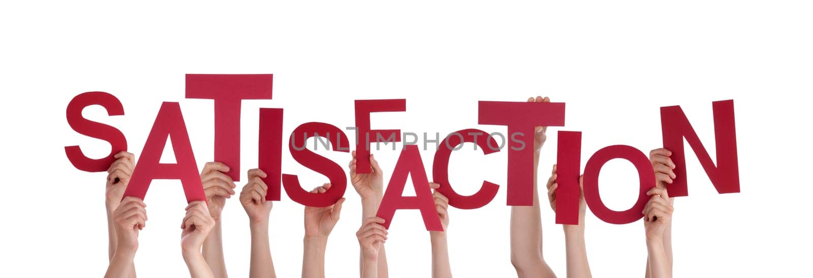 Many Hands Holding the Red Word Satisfaction, Isolated