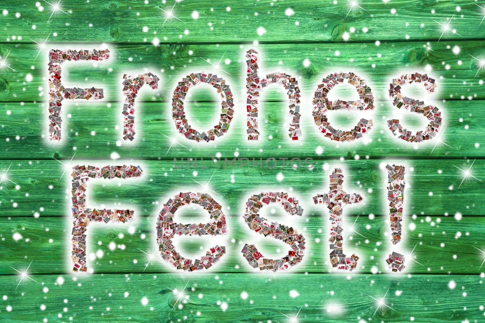 Merry christmas text in german letters on wooden green background.