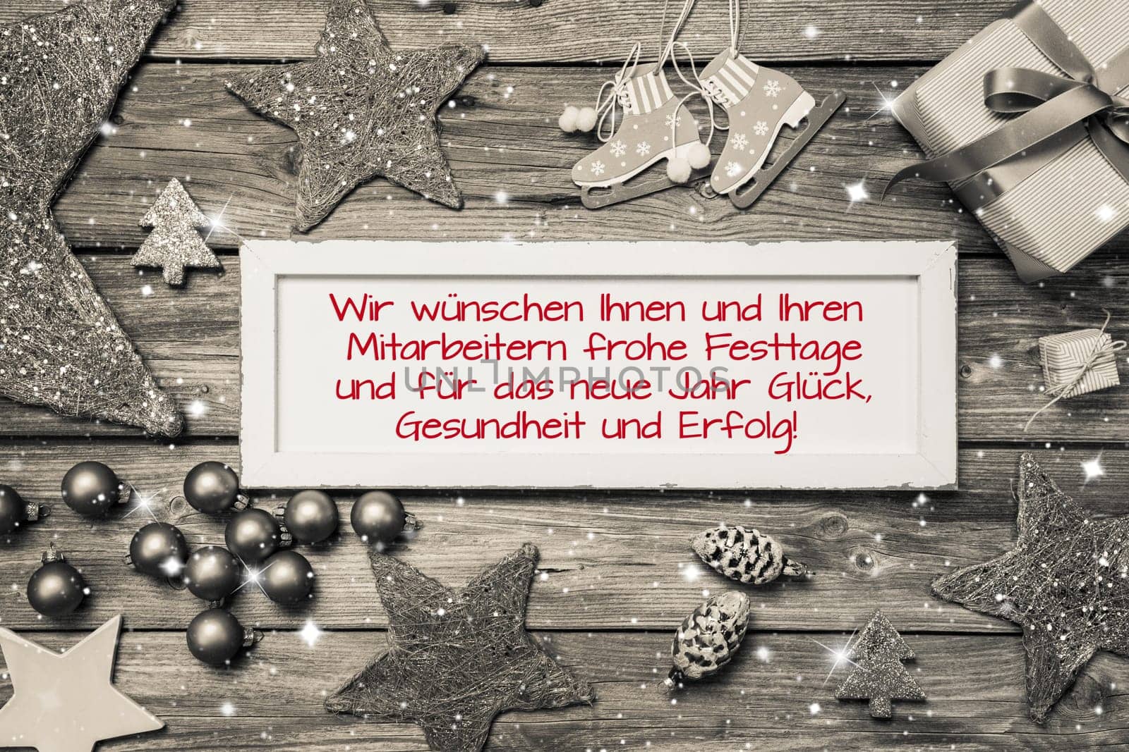 Greeting card for christmas with german text for merry christmas. Idea for employees and customers in red fonts.