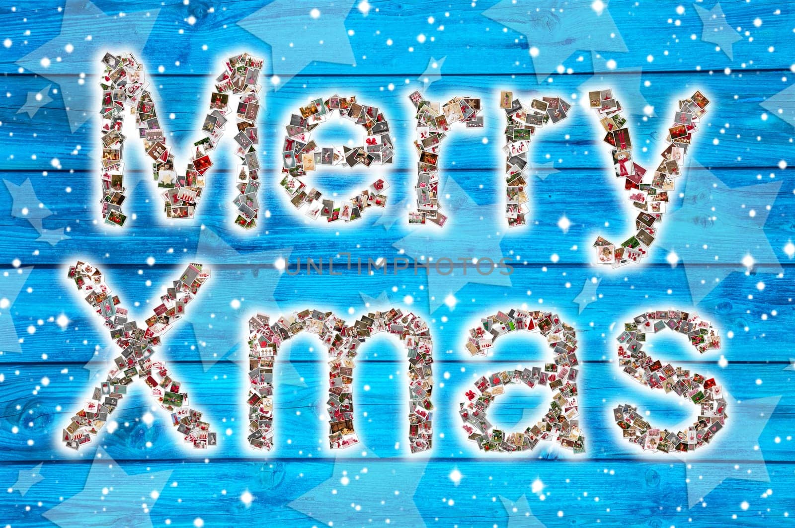 Merry christmas wishes on blue wooden background and collage.
