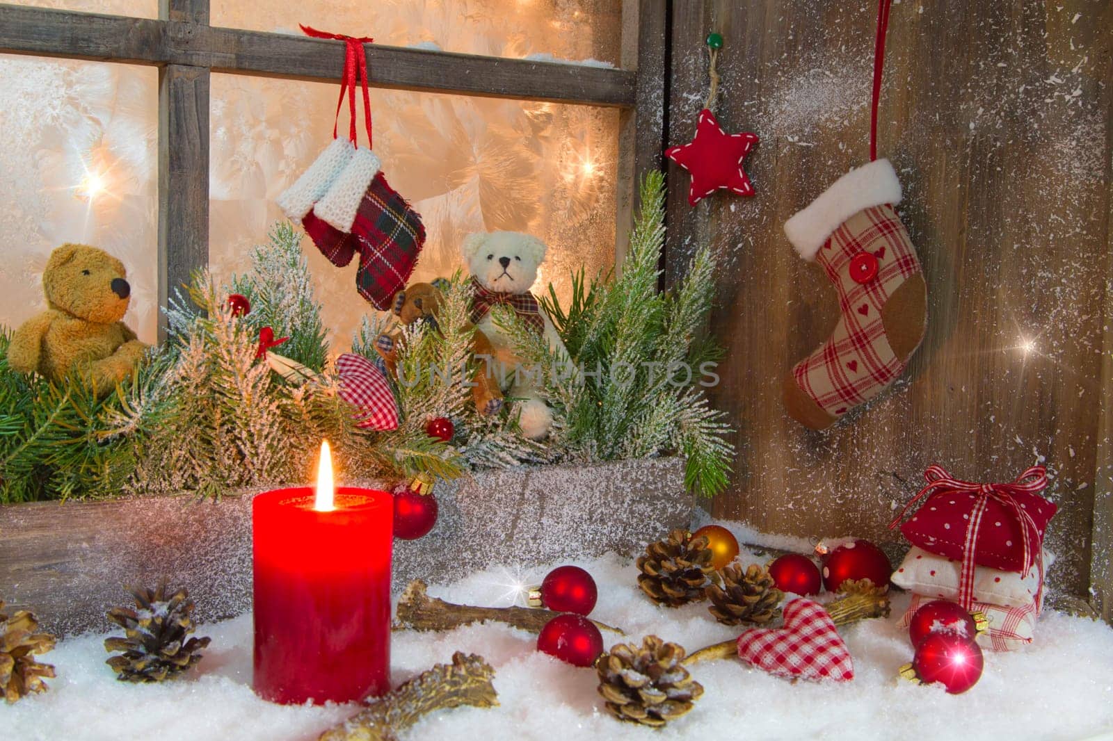 Rustic lantern with candlelights for christmas - classic in red and white