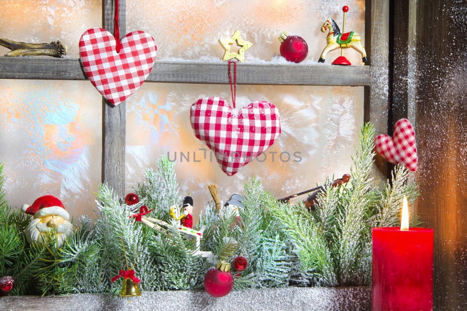 Rustic lantern with candlelights for christmas - classic in red and white