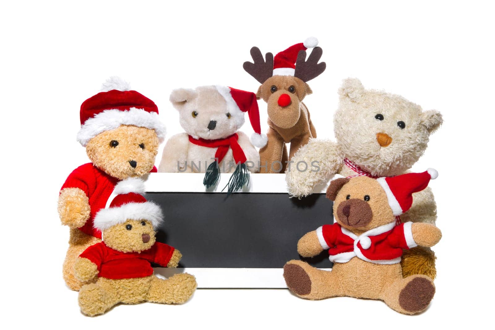Christmas teddy bears, elk and message board on white background for teamwork