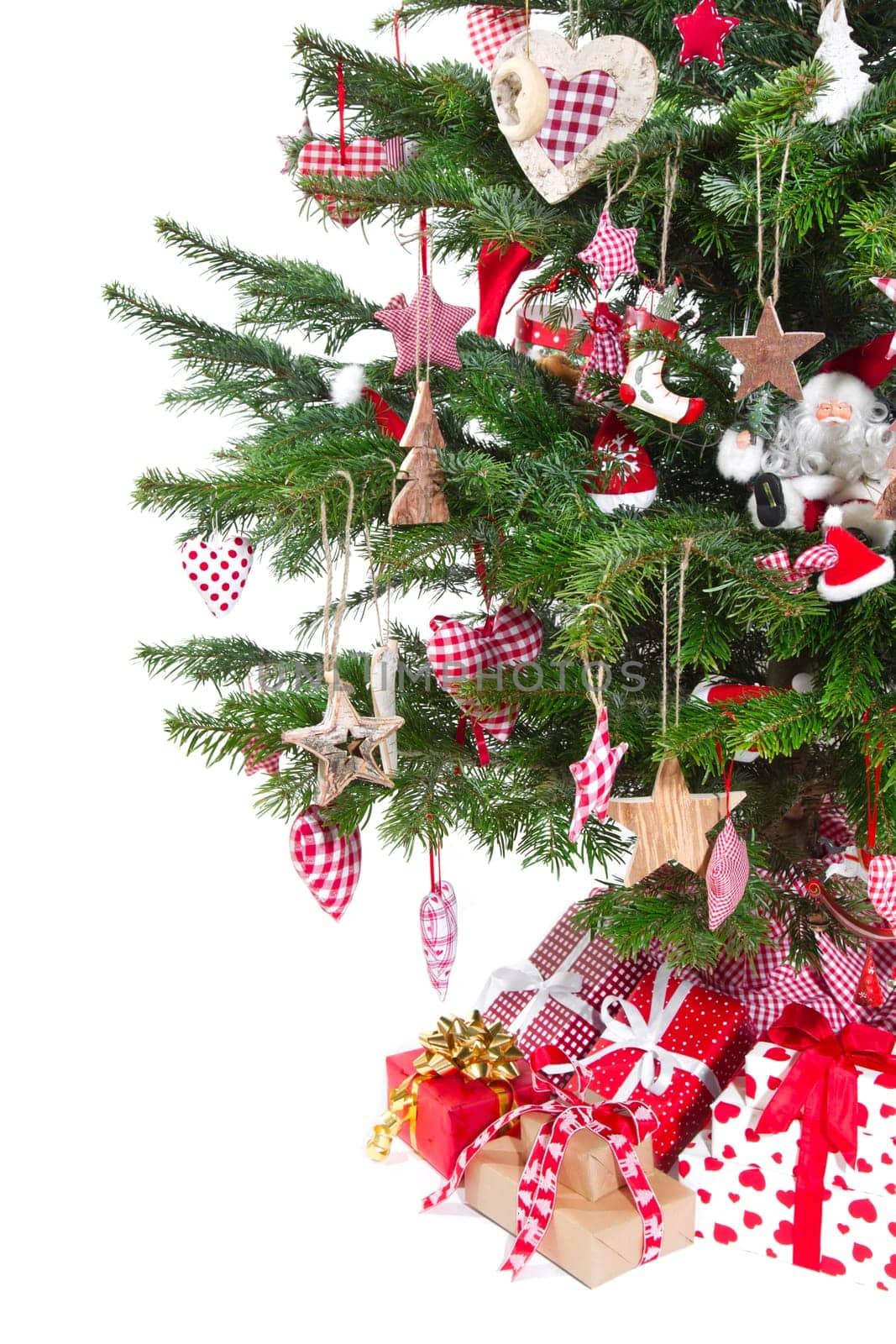Isolated christmas tree in red decoration with gift boxes and presents