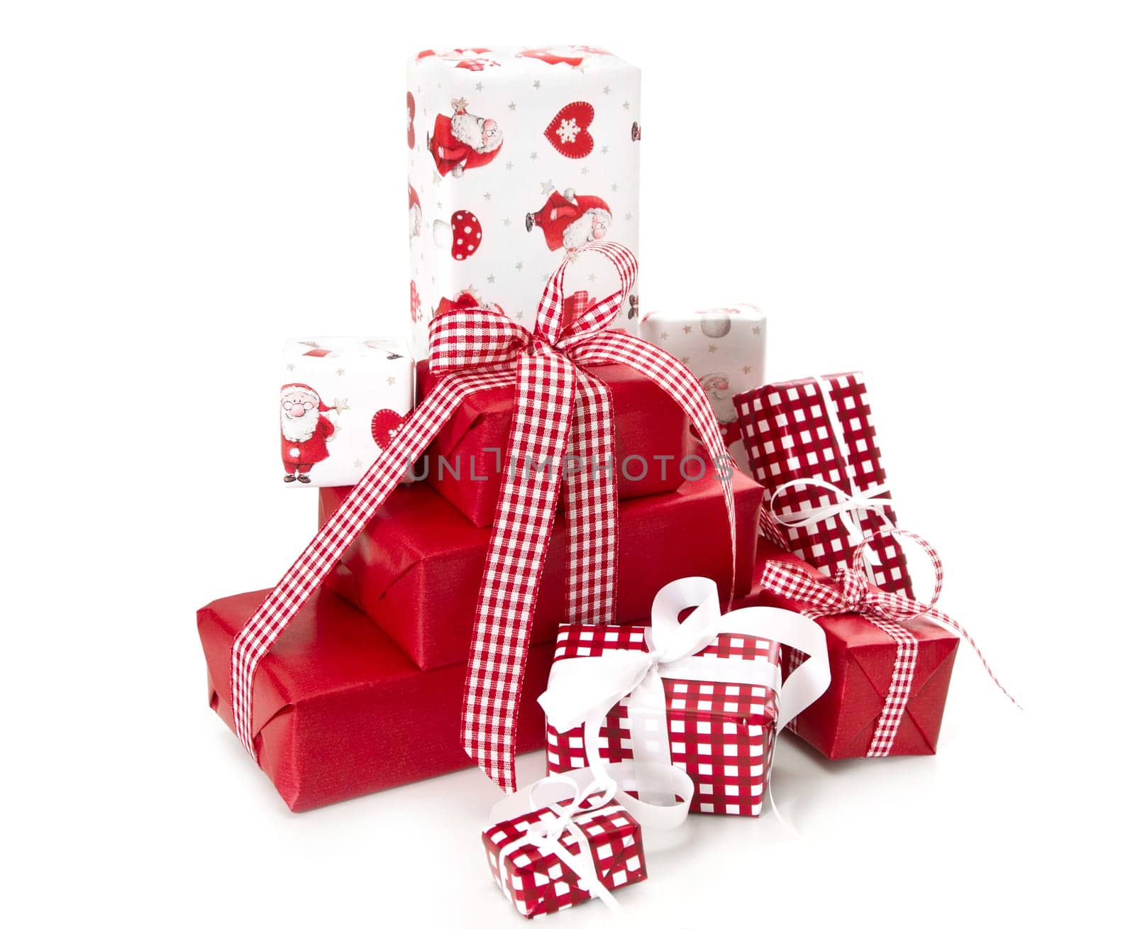 Red isolated gift boxes for christmas - with santa claus and red white checkered ribbon