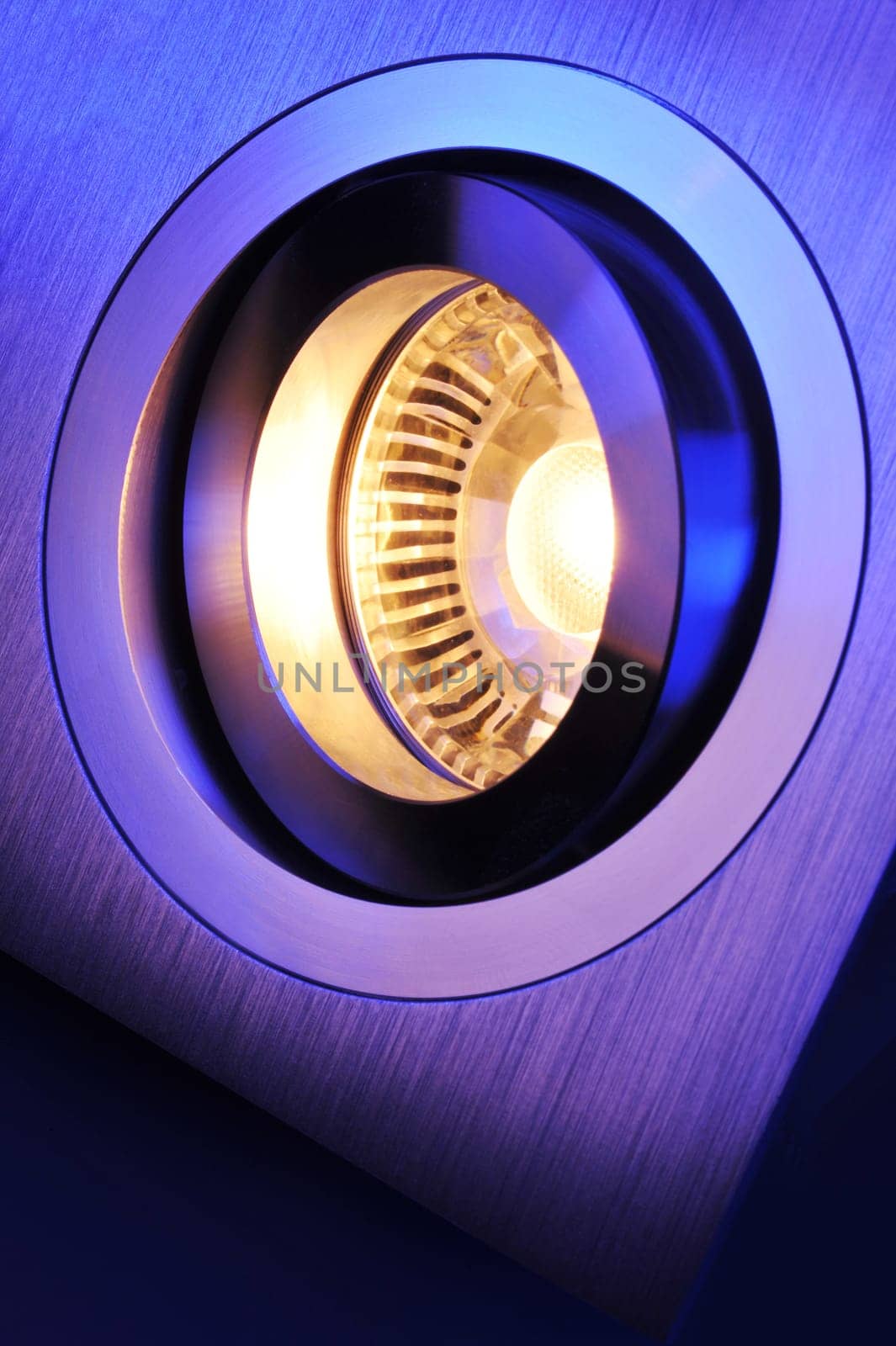 Macrodetail of a warm white COB LED in blue light