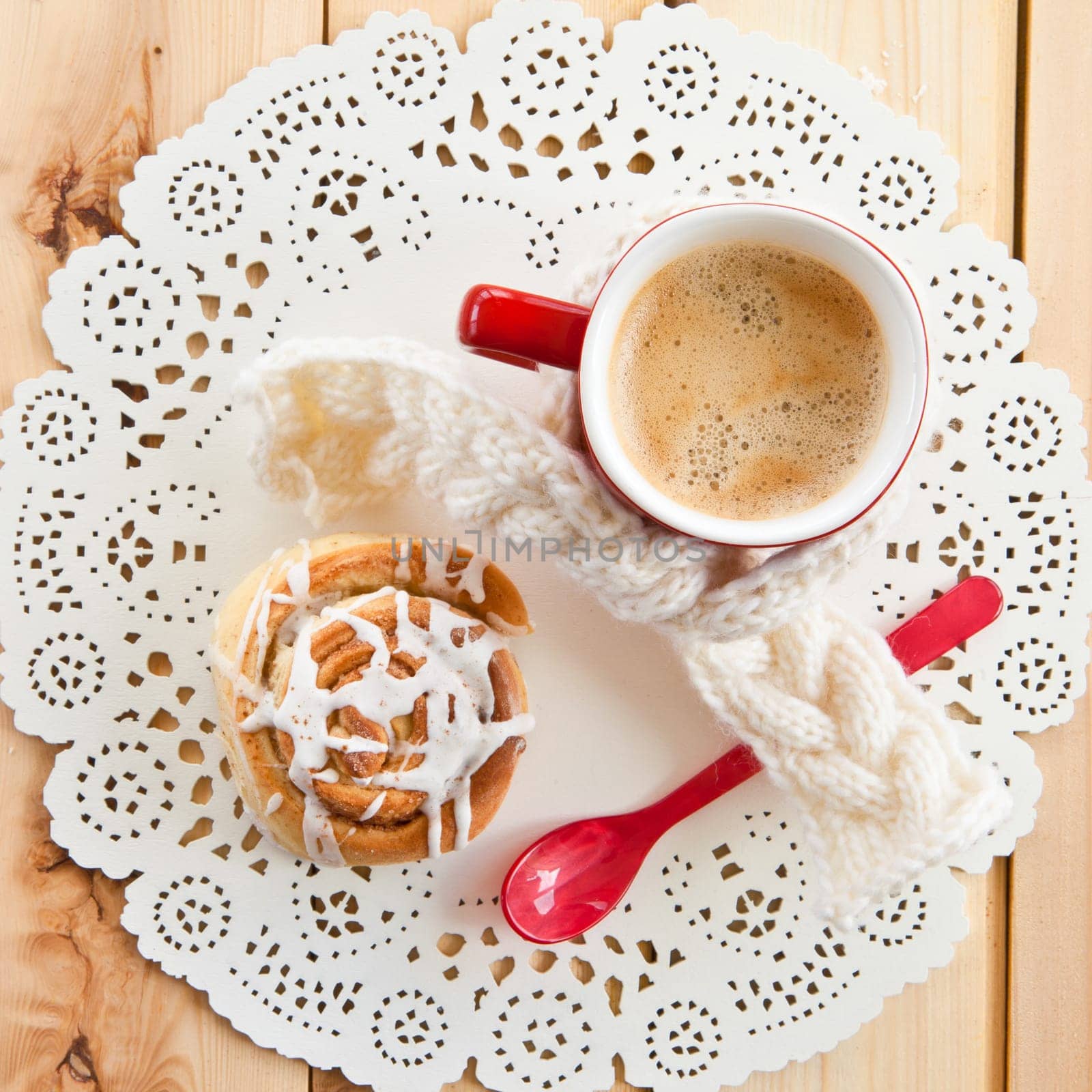 Fresh Swedish cinnamon snail and coffee for a winter coffee break