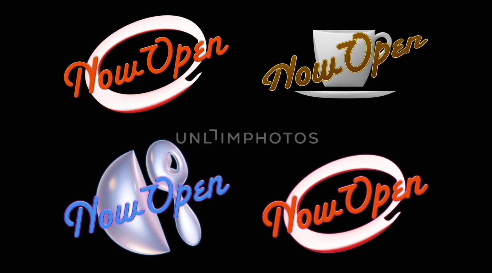 four different Now Open signs on black.