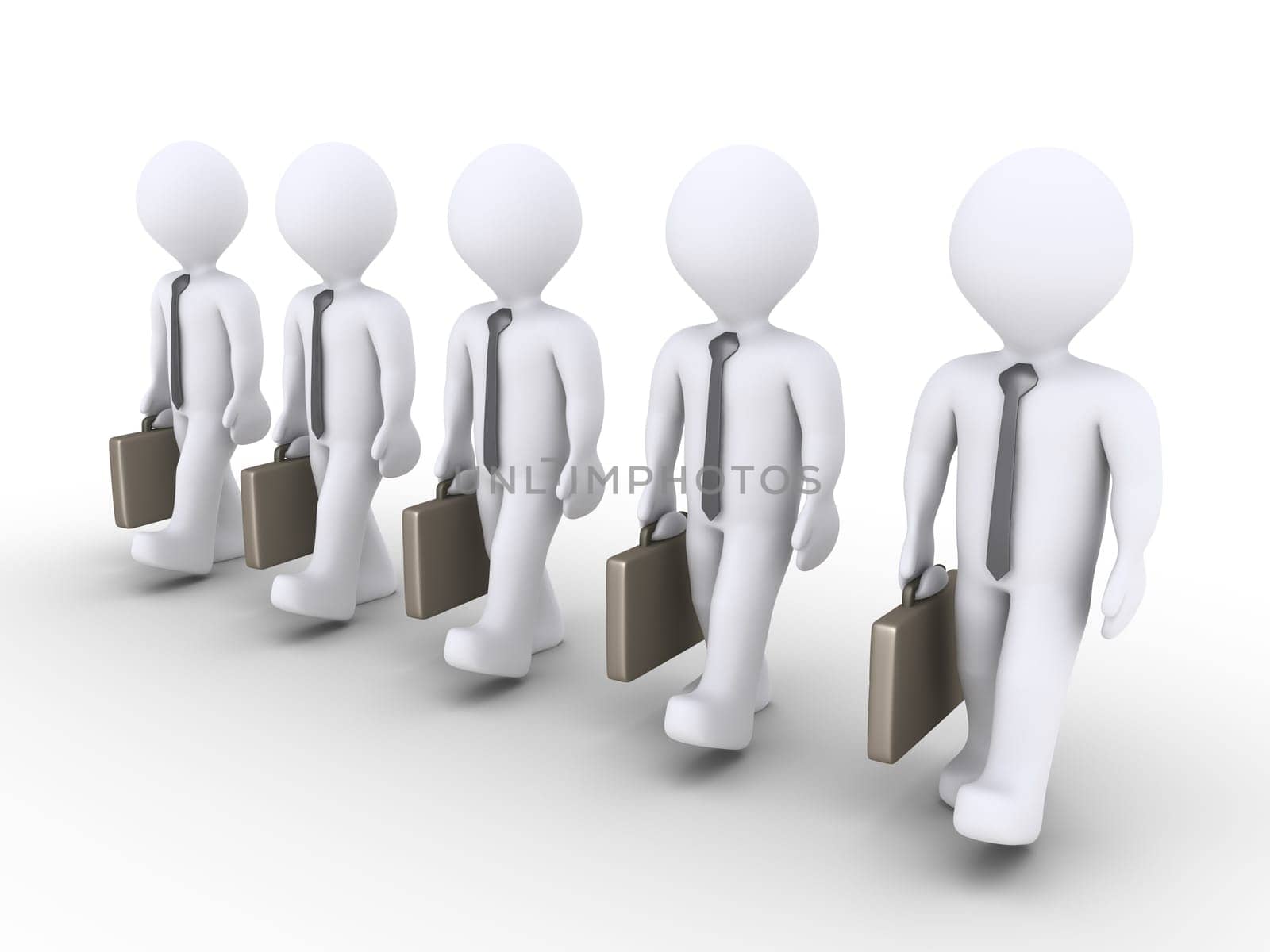 3d businessmen are in a row and are walking together