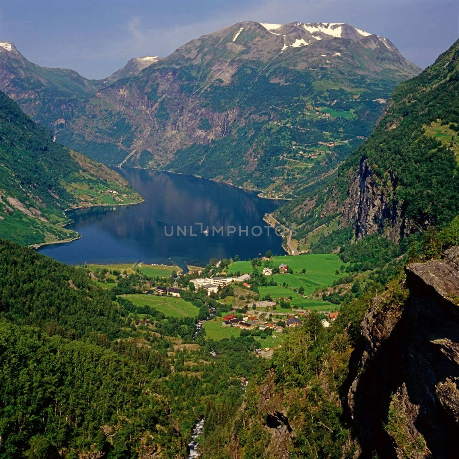Geiranger Fjord in Norway with Village