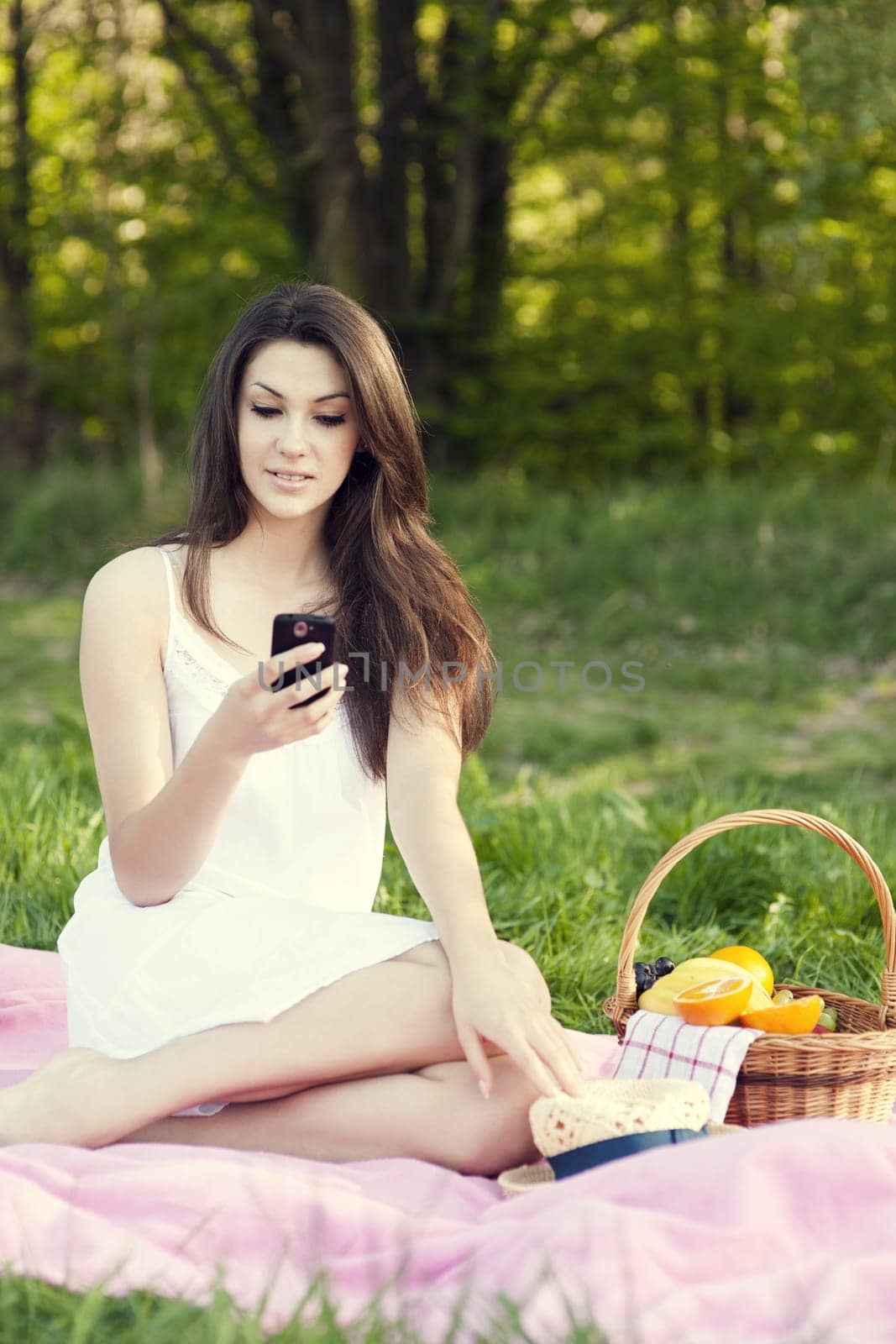 Young woman texting on meadow