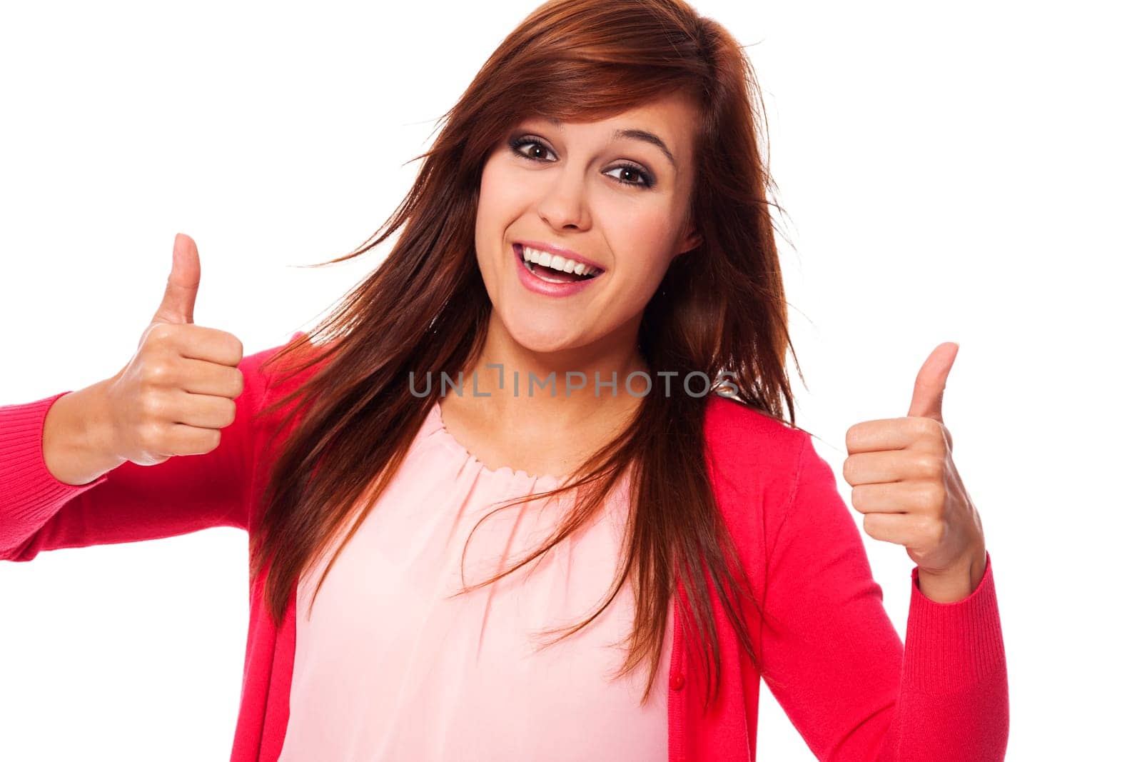 Young happy woman showing thumbs up