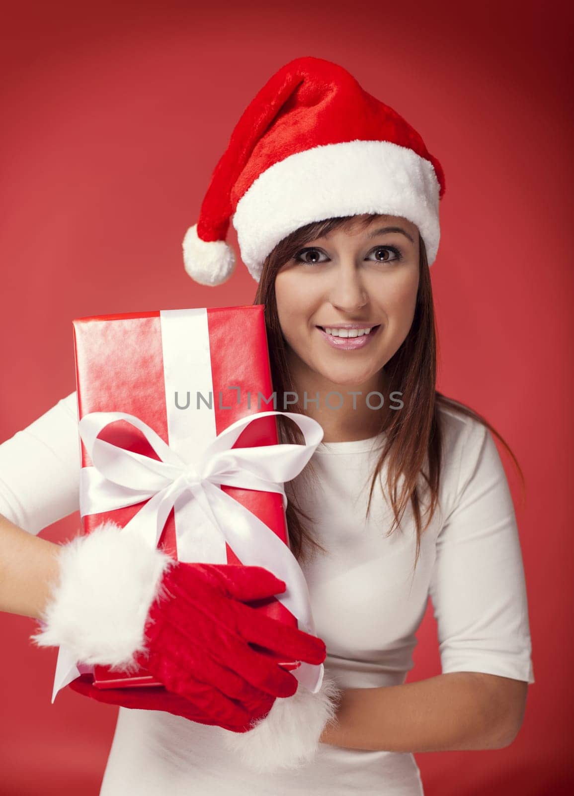 Santa woman with red gift box