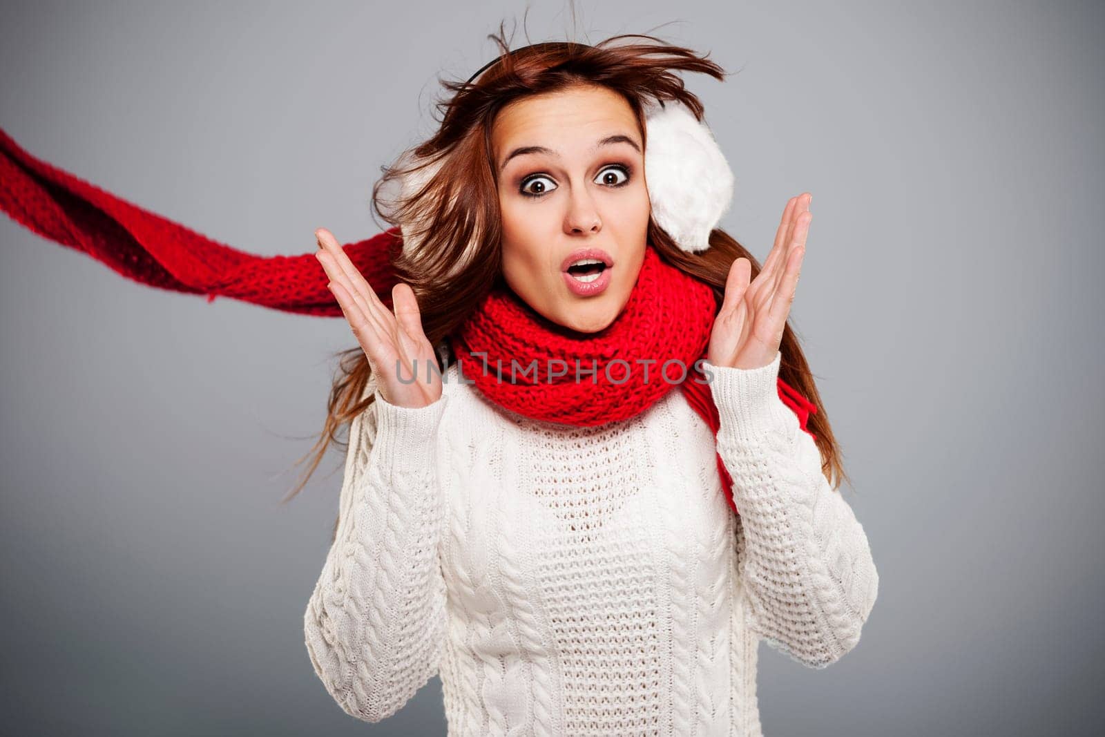Shocked woman during the big storm