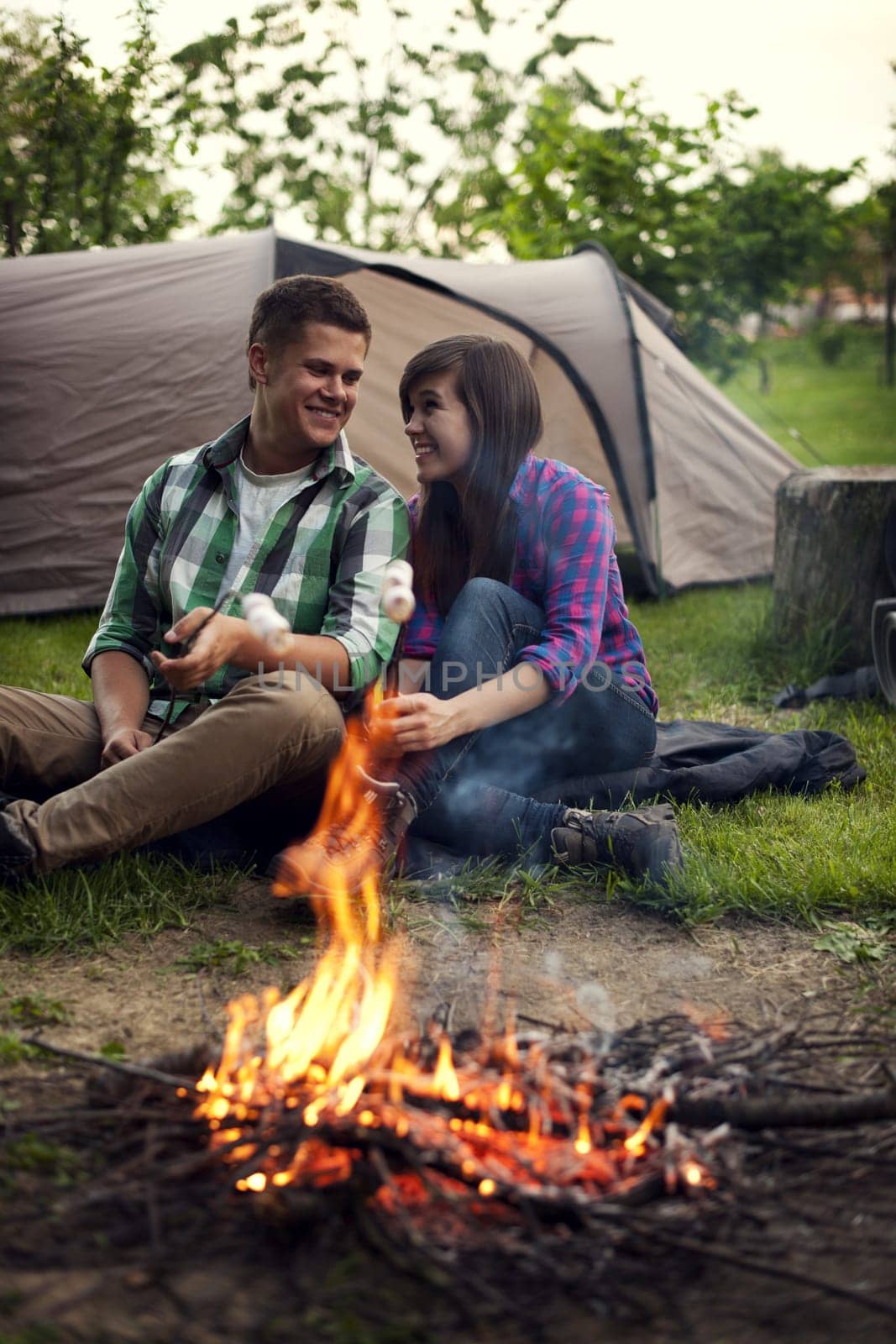 Young couple sitting near a campfire and toasting marshmallow