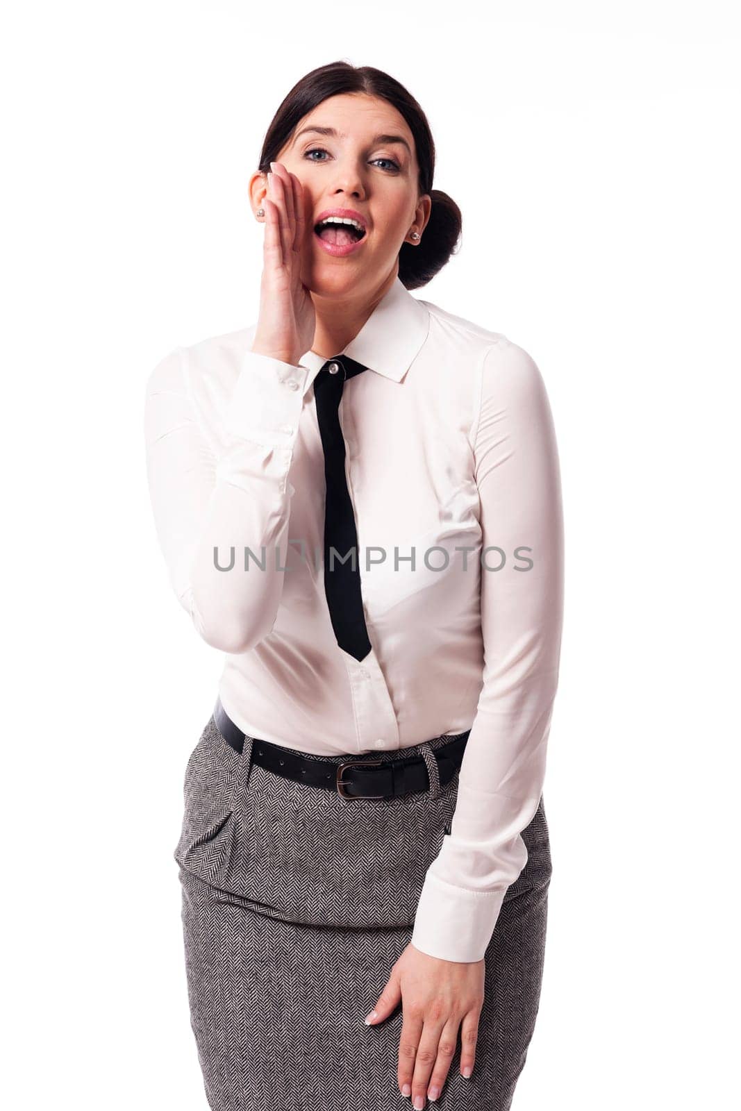 Beautiful businesswoman shouting in front of the camera