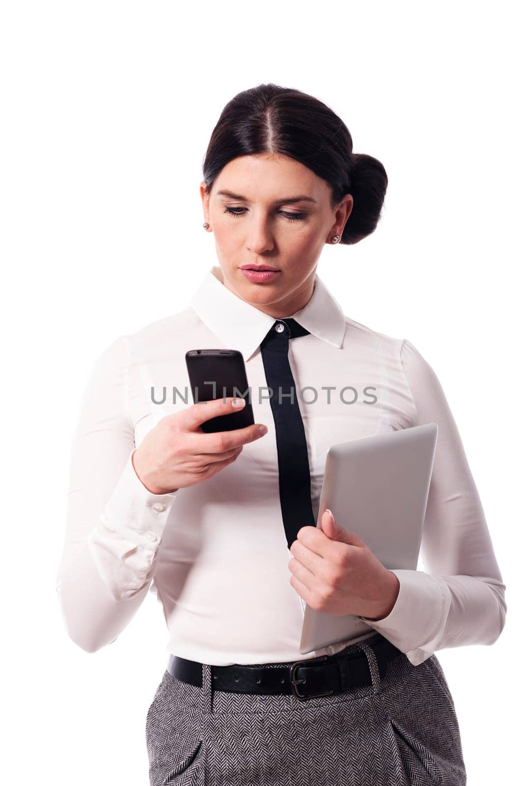Busy woman with a phone and digital tablet