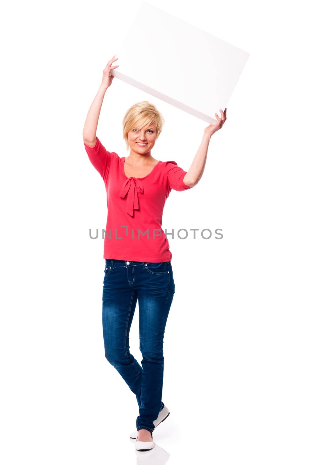 Woman with white board above her head