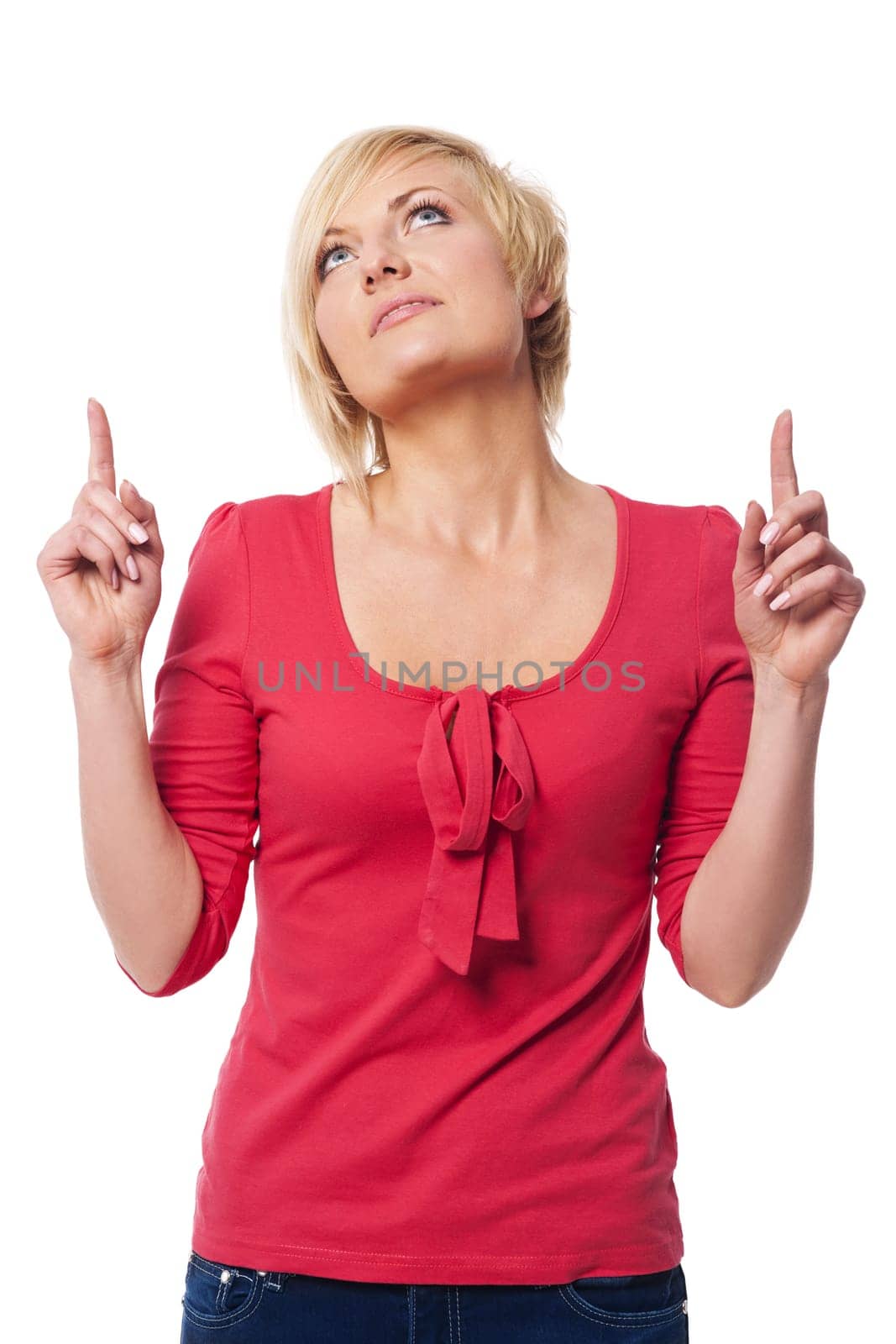 Young woman showing something above her head
