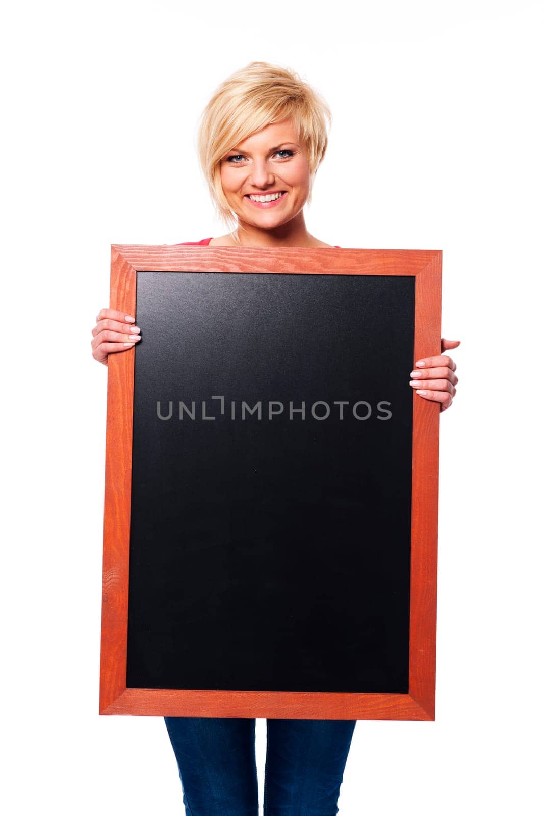 Blonde young female with blackboard