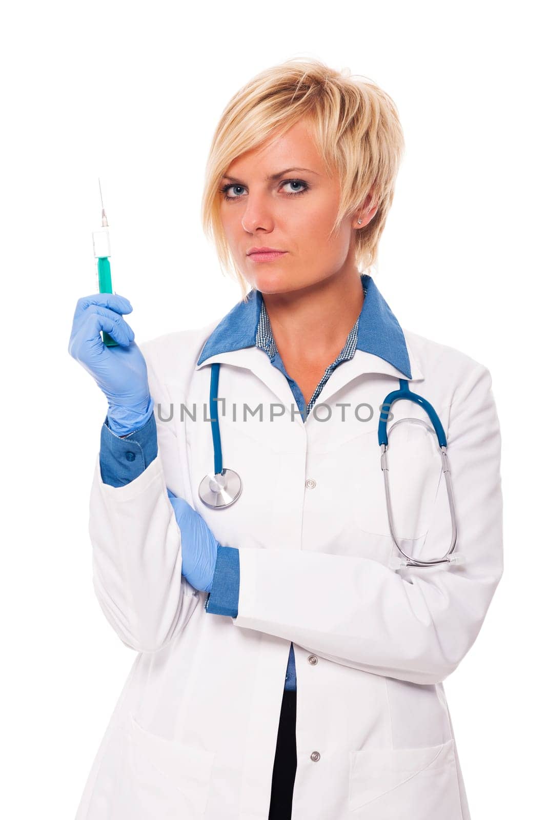 Serious female doctor is ready for an injection