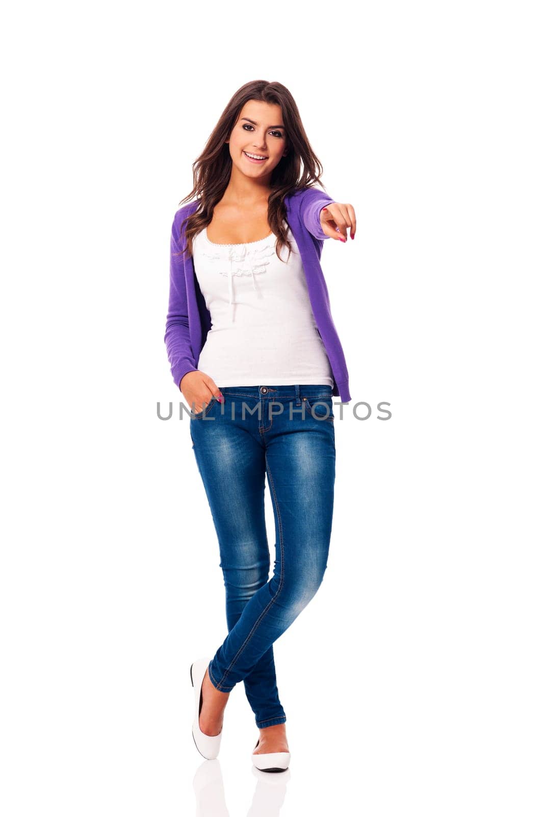 Candid woman pointing at camera