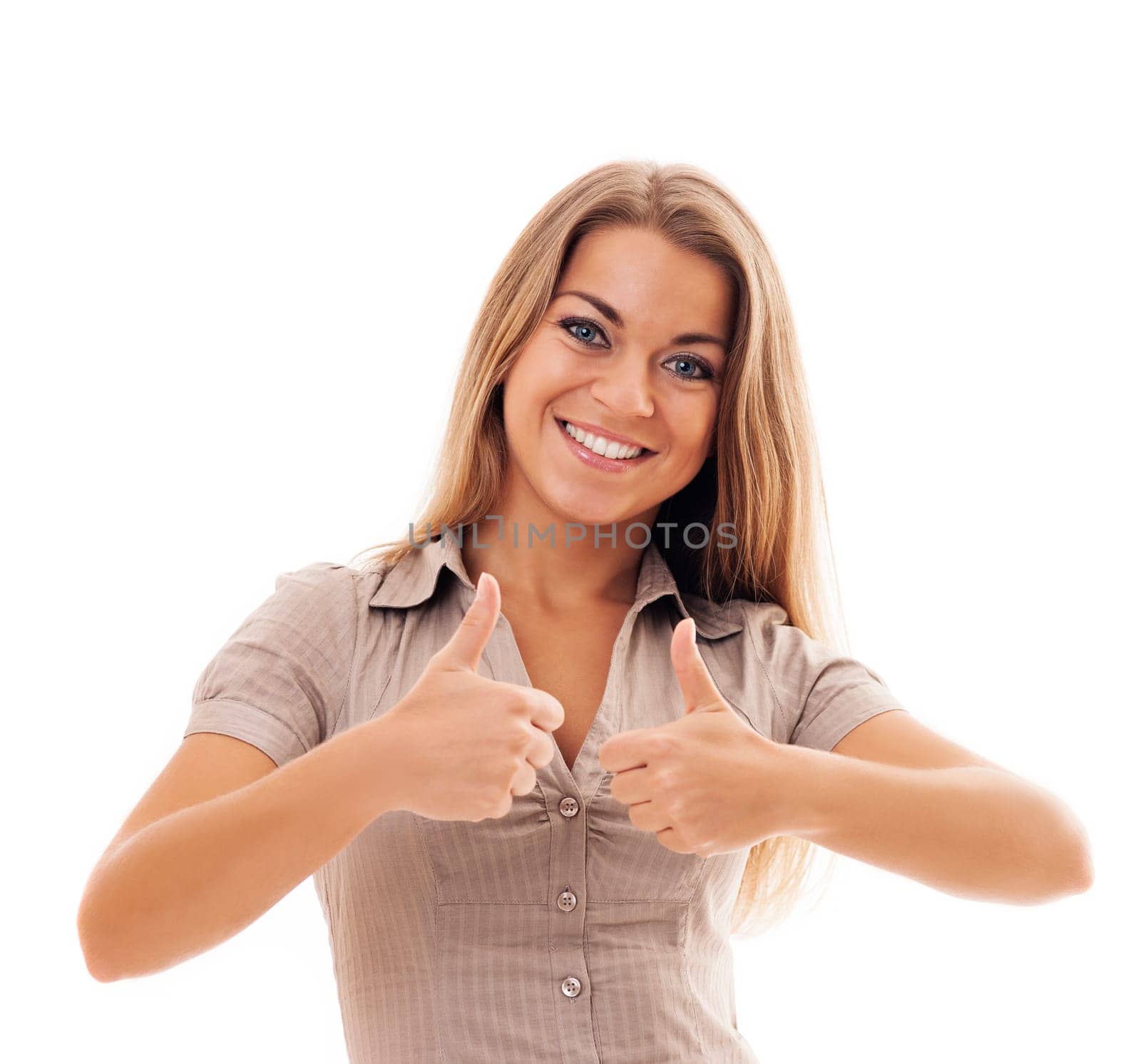 Smiling young woman lifts thumbs up