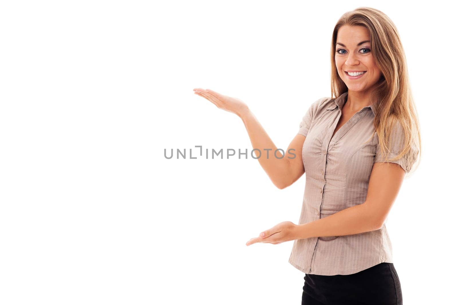 Successful businesswoman gesturing on white