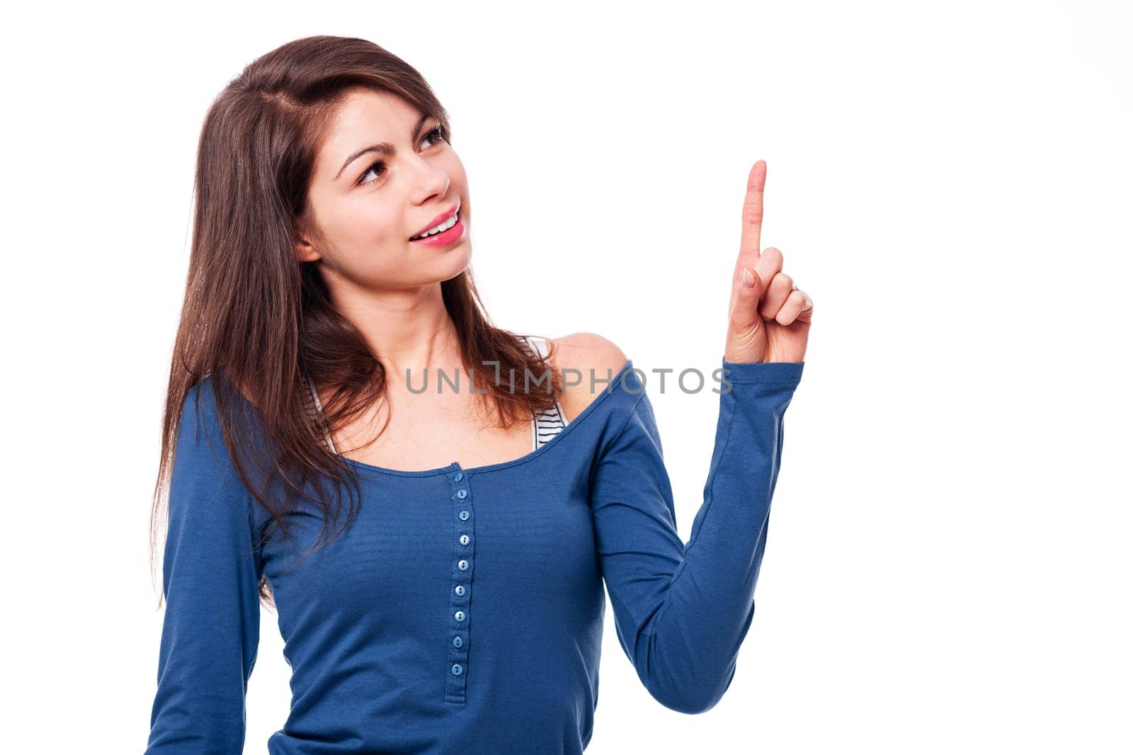 Smiling young woman gesturing the index finger