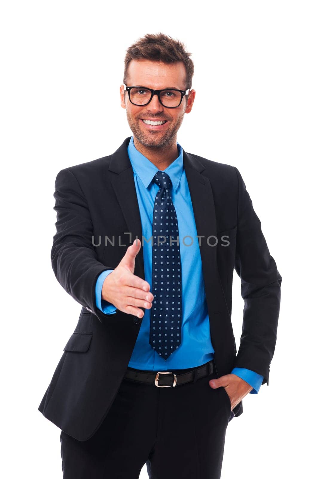 Happy smiling businessman giving hand for an handshake