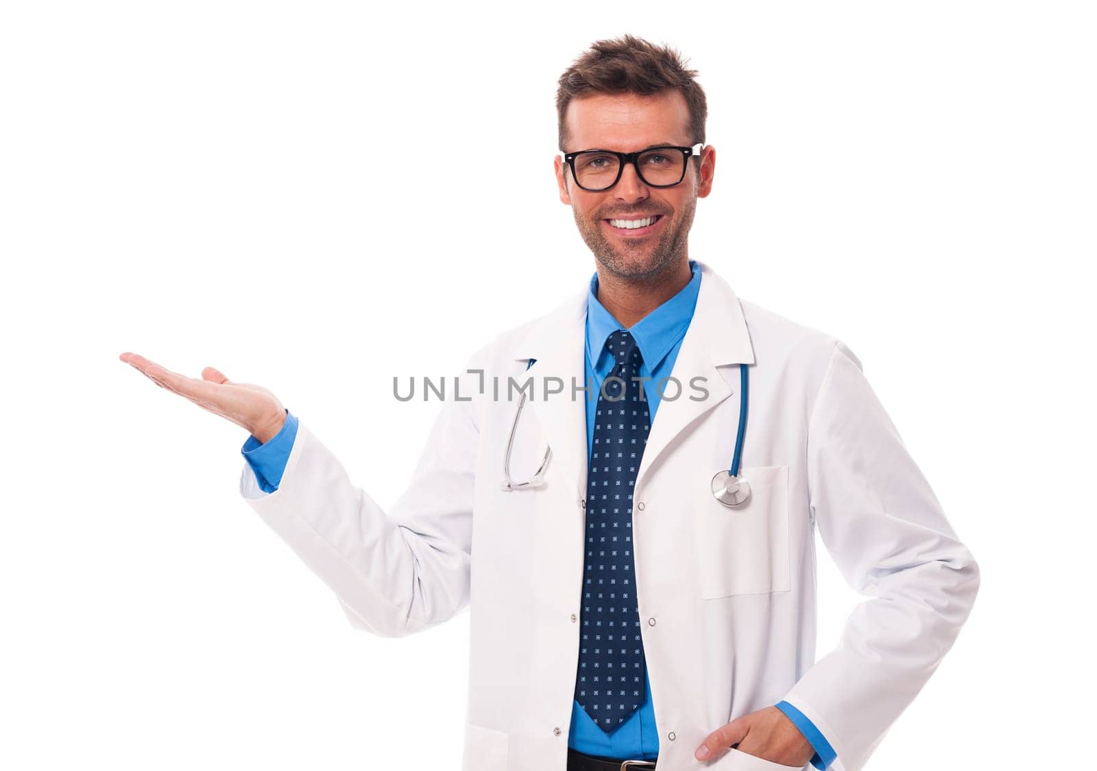 Happy doctor wearing glasses presenting something