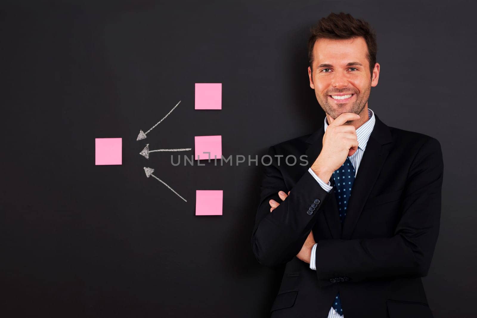 Businessman standing close to diagram from sticky note