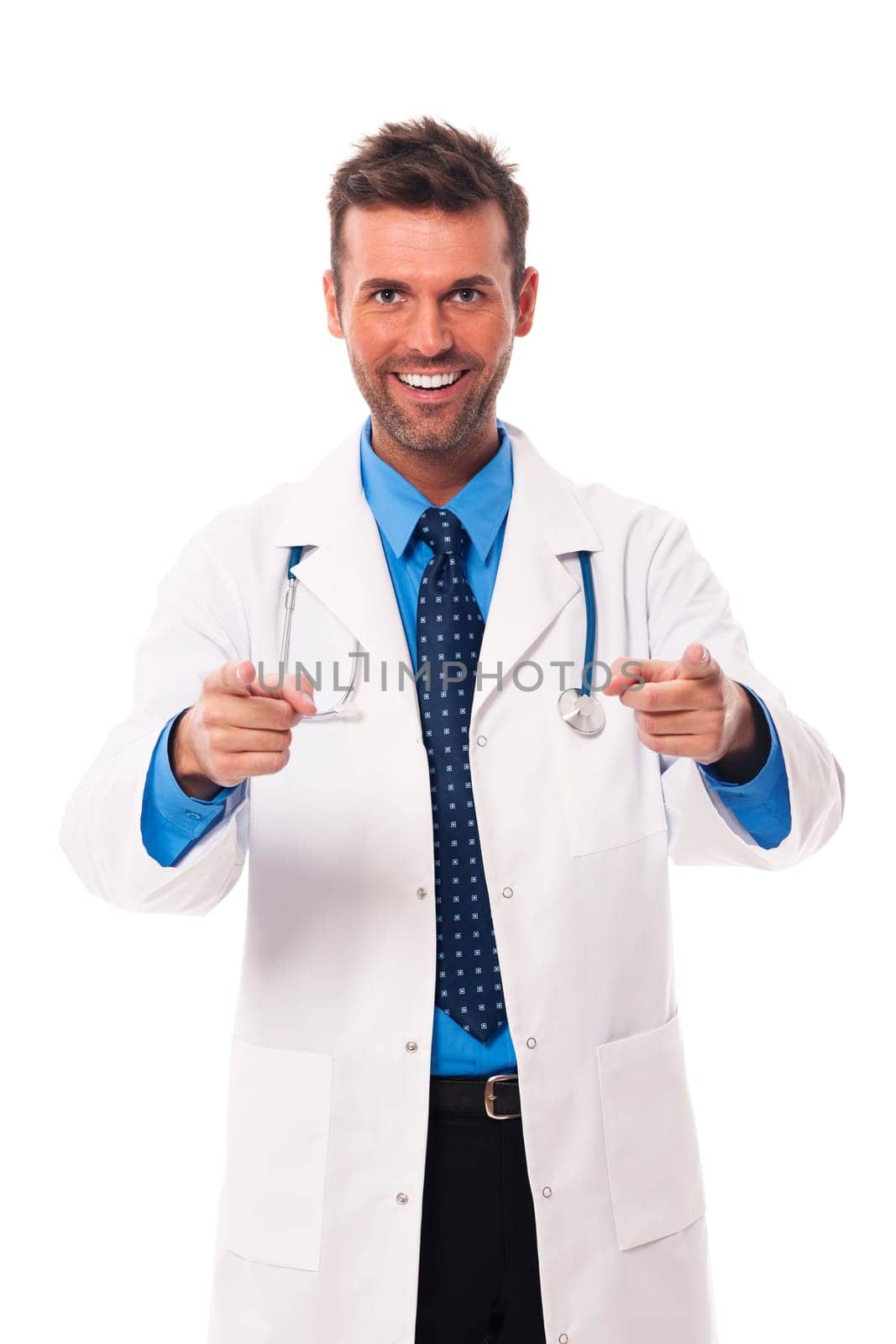 Smiling male doctor pointing at you