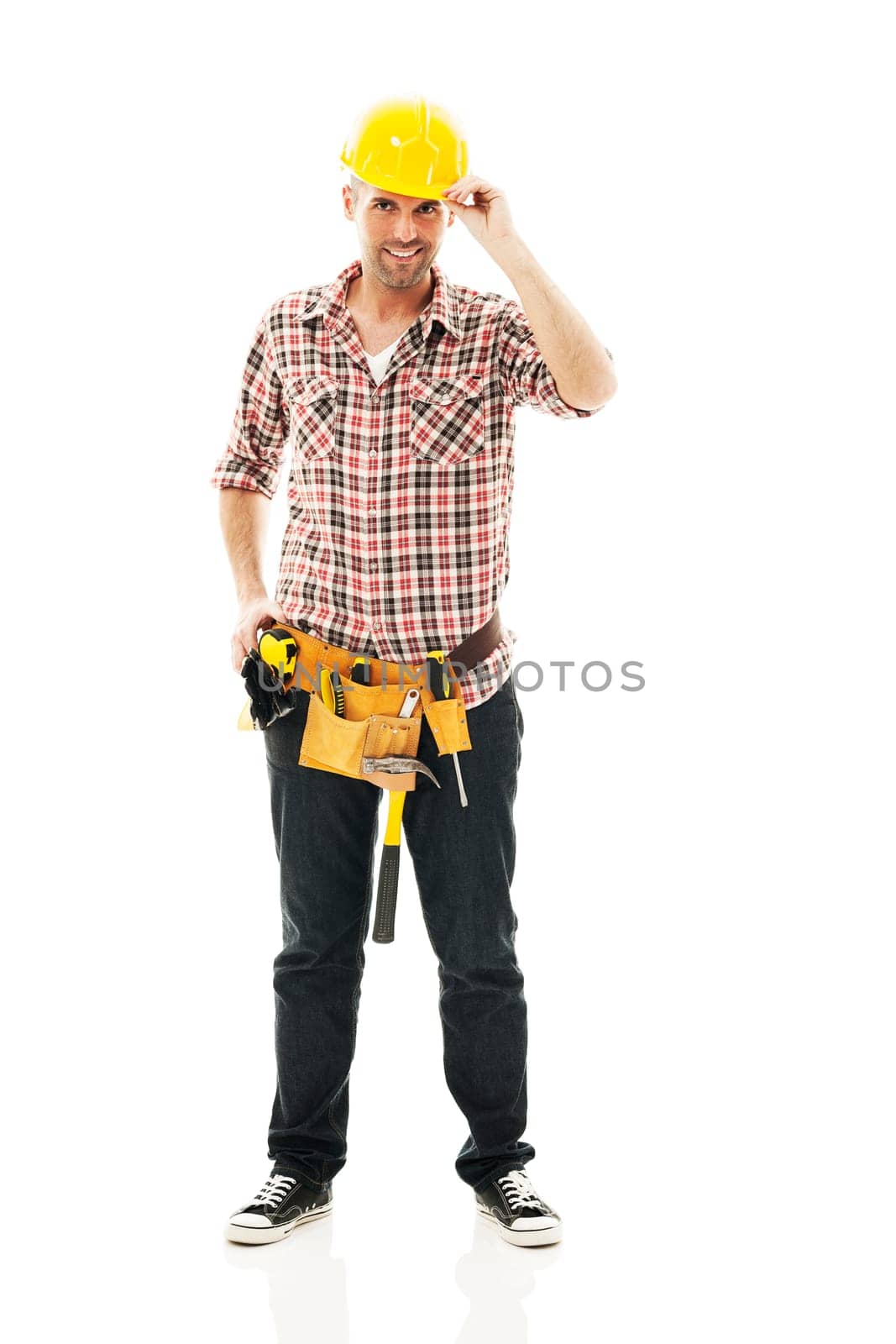 Happy construction worker with yellow helmet by gpointstudio