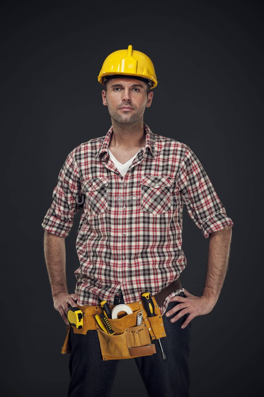 Portrait of handsome manual worker with tool belt
