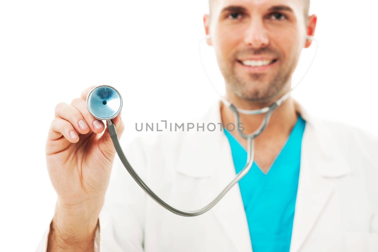 Smiling doctor listening heartbeat